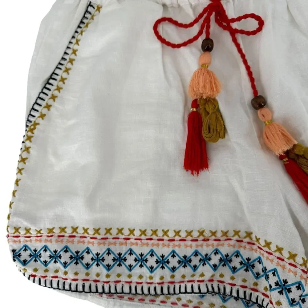 Artisan NY Linen Shorts White Embroidered Bohemian Tassel Size S Elastic Waist